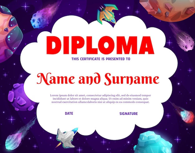 Kids diploma with cartoon space planets shuttles