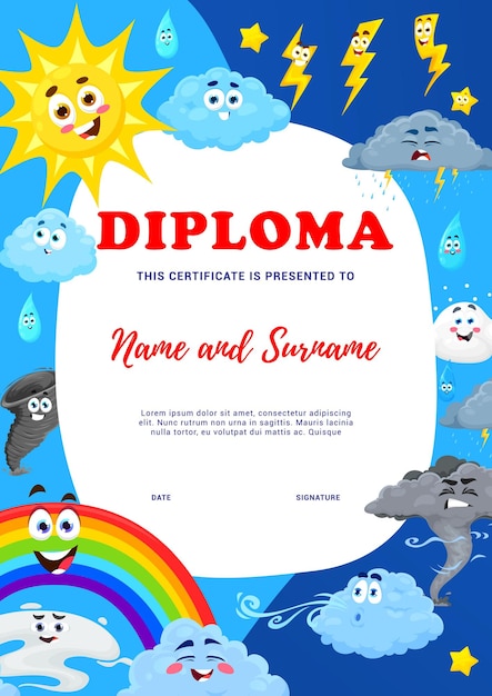 Kids diploma with cartoon weather characters