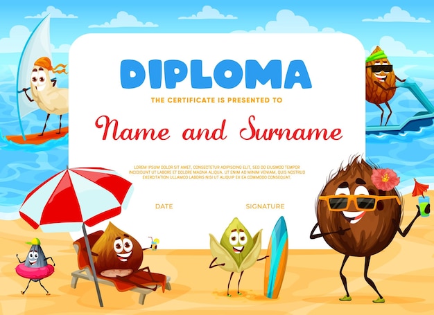 Kids diploma with cheerful nut characters on beach