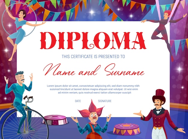 Diploma di bambini con sfondo vettoriale di palco e personaggi del circo. certificato di istruzione di laurea, premio di successo e regalo di apprezzamento con pagliaccio dei cartoni animati, mago e acrobati del circo