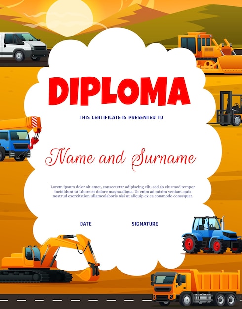 Kids diploma with construction machines transport