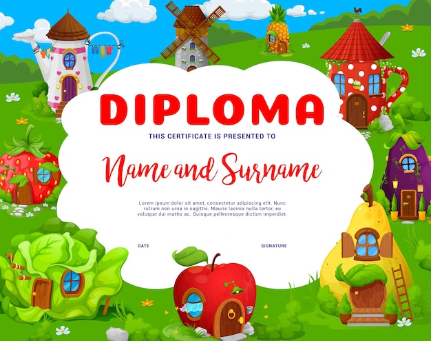 Kids diploma with fairytale houses and homes