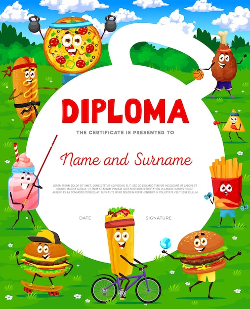 Kids diploma with fastfood characters doing sports