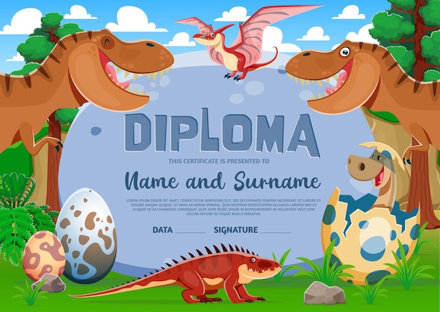 Vettore bambini con un diploma divertente e un bambino dinosauro.