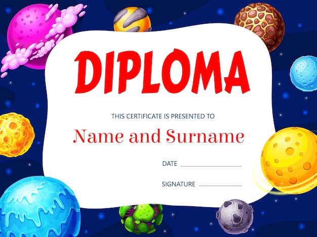 Diploma per bambini con pianeti spaziali galattici, certificato di premio. cornice di scuola o scuola materna con asteroidi dei cartoni animati o pianeti e stelle fantasy, modello di bordo di laurea per bambini