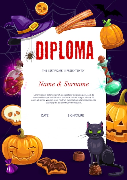 Diploma per bambini con personaggi di halloween