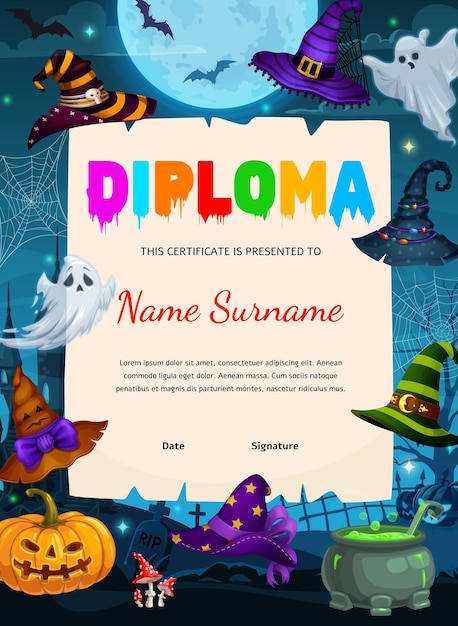 Kids diploma with Halloween witch hats cemetery