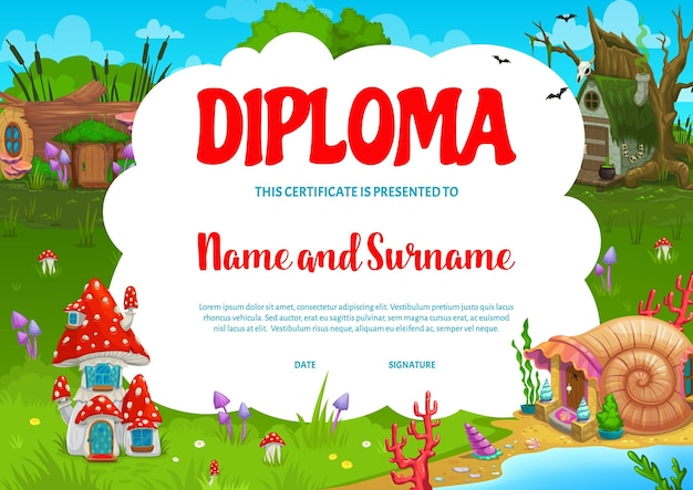 Kids diploma with magic houses and dwellings