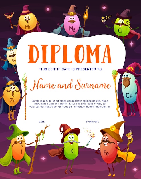 Vector kids diploma with micronutrient wizard characters