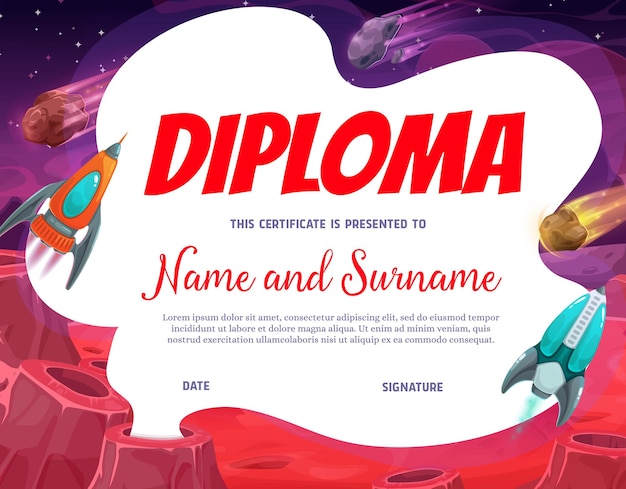 kids diploma with planet area, certificate with cartoon space landscape
