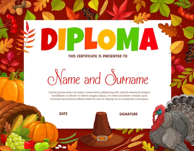 Kids diploma with thanksgiving pilgrim hat frame
