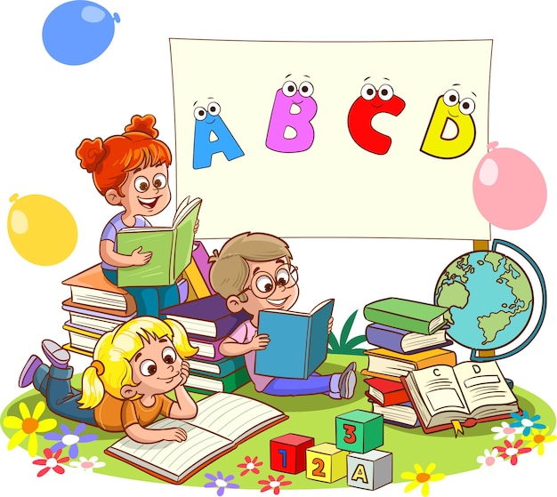 Vettore bambini che discutono i compiti e leggono libri insieme. illustrazione vettoriale di educazione dei bambini