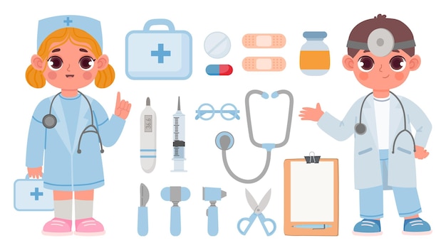 Kids doctor toys, boy and girl in medical uniform. Cartoon stethoscope, syringe, thermometer, pill and plaster for hospital play vector set