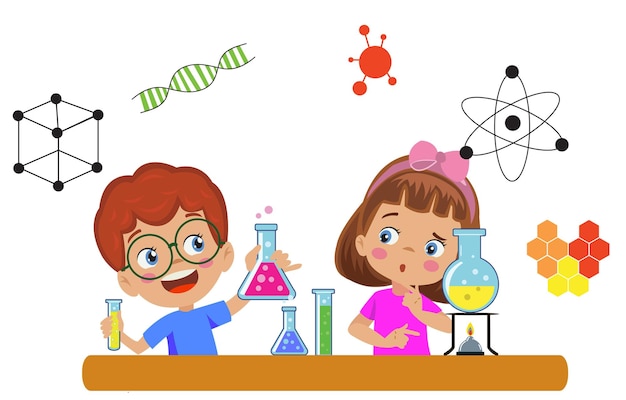 Premium Vector | Kids doing experiment research in lab at school