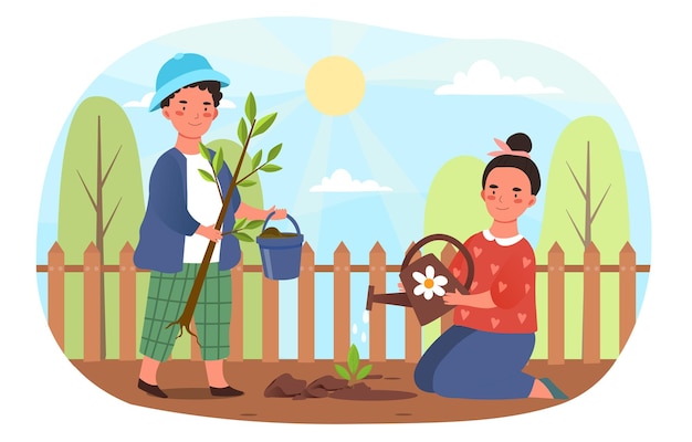 Kids doing housework concept girl and boy plant a tree together in the garden children take care of