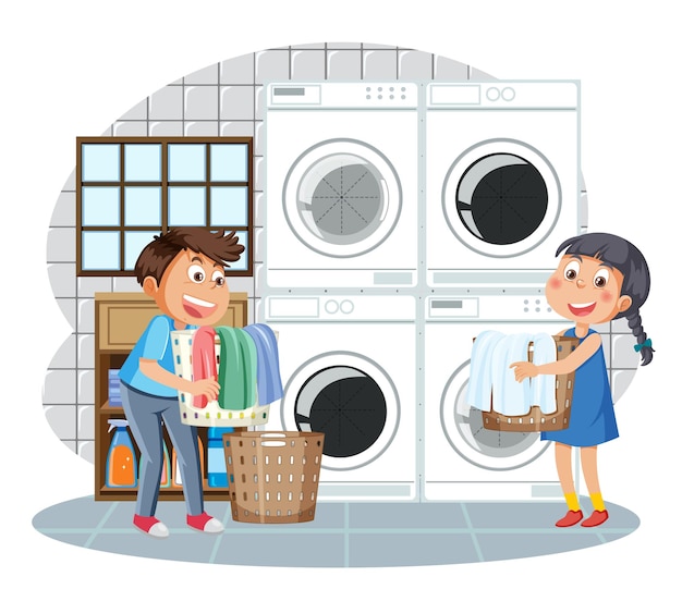 Vector kids doing laundry with washing machine