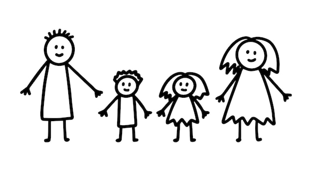 Kids doodle drawing of family with mom dad and children son and daughter