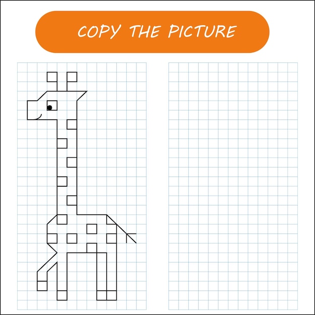 Kids draw activity game with giraffe. Copy the picture using grid.