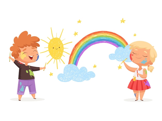 I bambini disegnano l'arcobaleno. piccoli artisti felici che dipingono i bambini divertenti delle nuvole del sole.