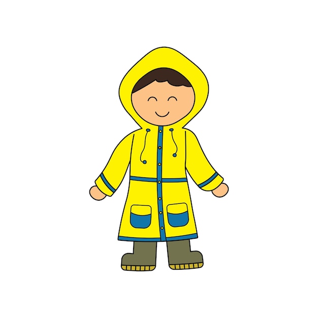 Kids drawing Cartoon Vector illustration cute boy wearing raincoat icon Isolated on White Background