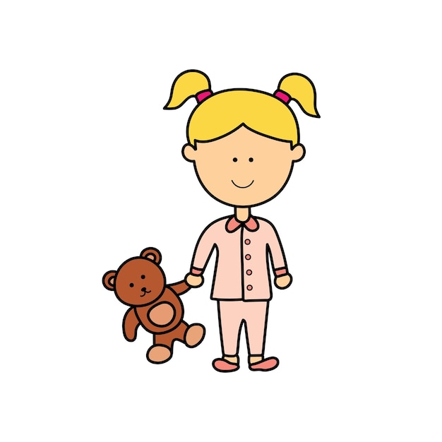 Kids drawing Cartoon Vector illustration cute little girl with baby bear icon Isolated