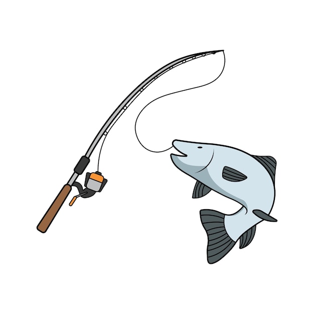 Vector kids drawing cartoon vector illustration fish and fishing rod icon isolated on white background