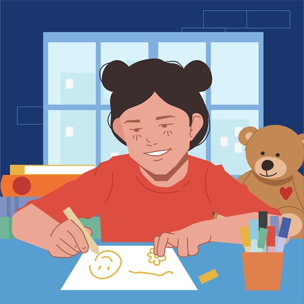 Vector kids drawing doodling in flat illustration