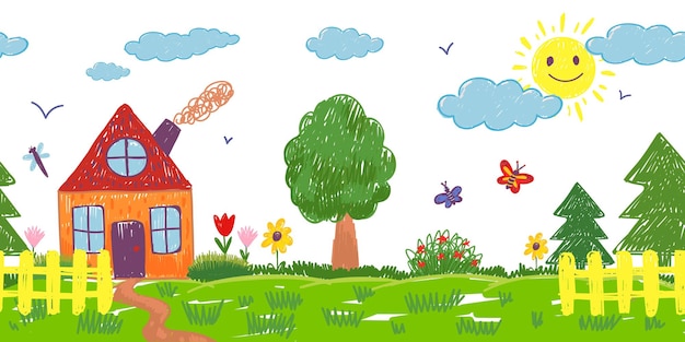 Kids drawing garden Child crayon pastel picture with home flower and fence Cloud in sky little kid paint Farm family house childish vector seamless pattern Illustration of garden crayon drawing