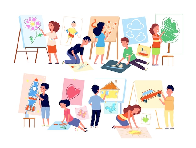 絵を描く子供たち。クラフトをしている子供たち、アートを作っている男の子。幼稚園の就学前のクラスの平らな子供