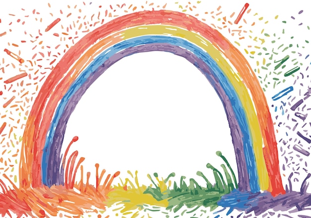 kids drawing of rainbow with colored chalk on white paper hand drawn illustration