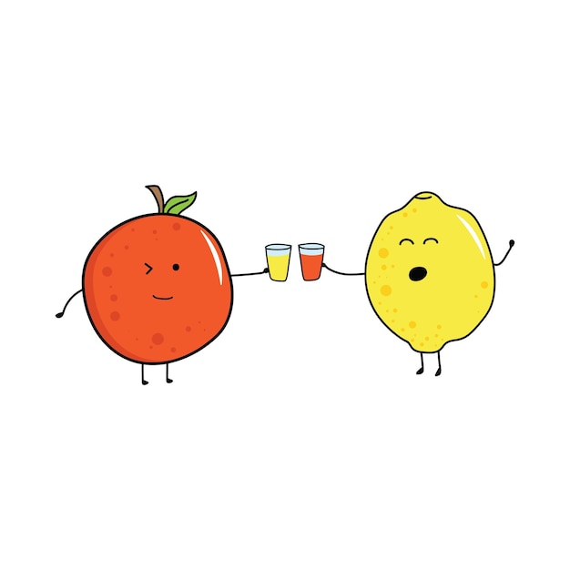 Kids drawing style funny fruits orange and lemon drinking juice together in a cartoon style