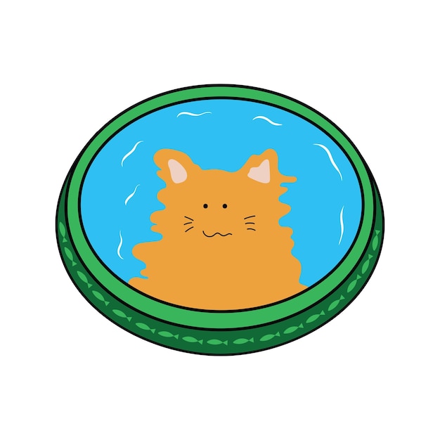 Vector kids drawing vector illustration cat reflection in cat water bowl icon in doodle style