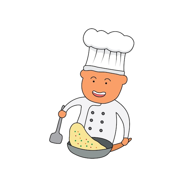 Kids drawing vector illustration of a chef cooking and flipping fried rice