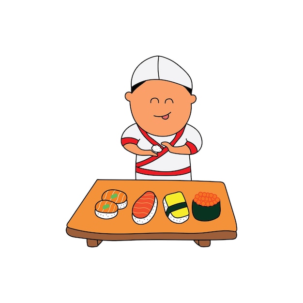 Disegno per bambini illustrazione vettoriale di uno chef che fa diversi tipi di sushi