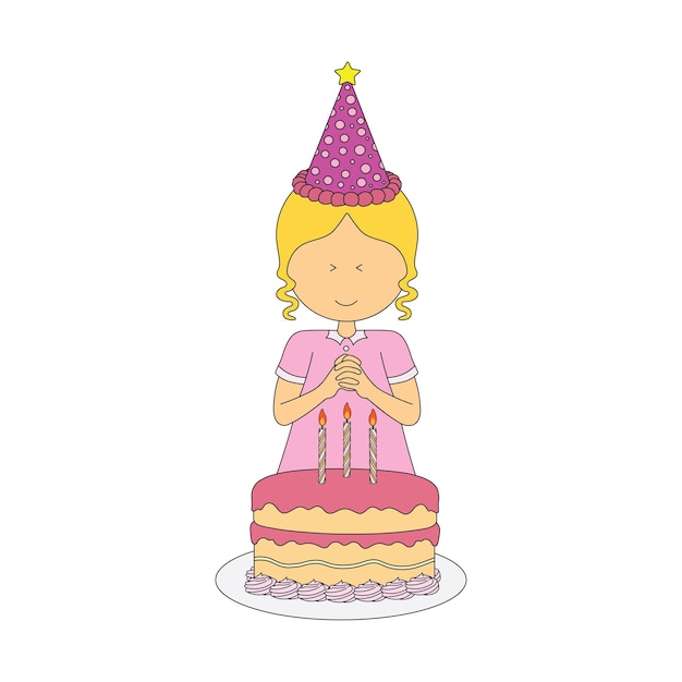 Vector kids drawing vector illustration cute girl celebrating birthday flat cartoon isolated