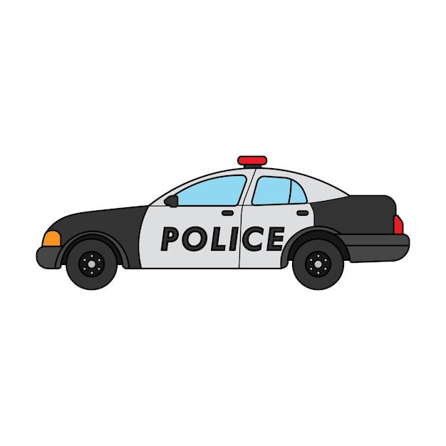 Kids drawing Vector illustration police car side view flat cartoon isolated