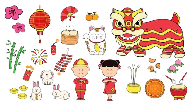 Kids drawing vector Illustration set of chinese new year. year of rabbit