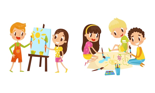 kids drawing with paints and hairpencil vector set