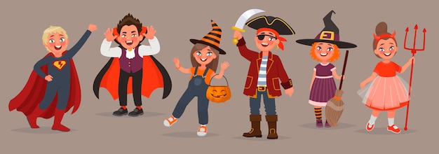 Vector kids dressed in halloween costumes. trick or treat. boys and girls celebrate the holiday. element for design