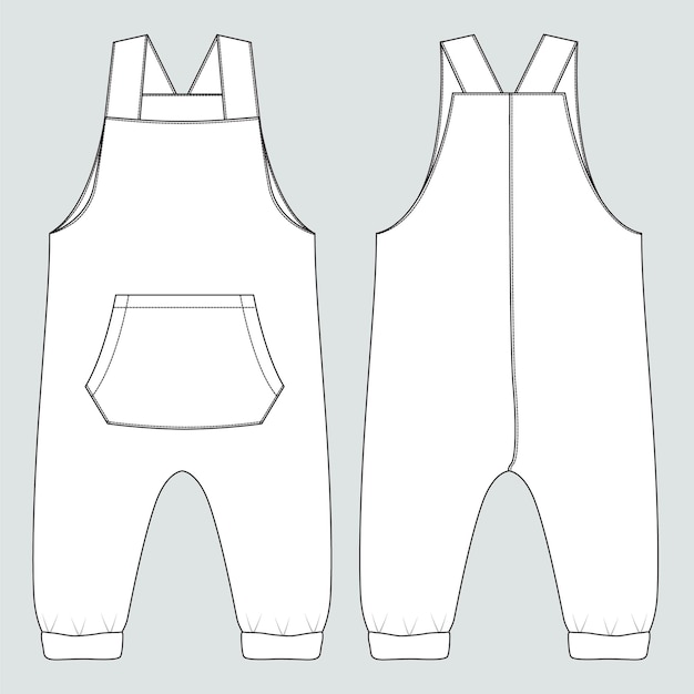 Vector kids dungaree technical drawing vector illustration template front and back views