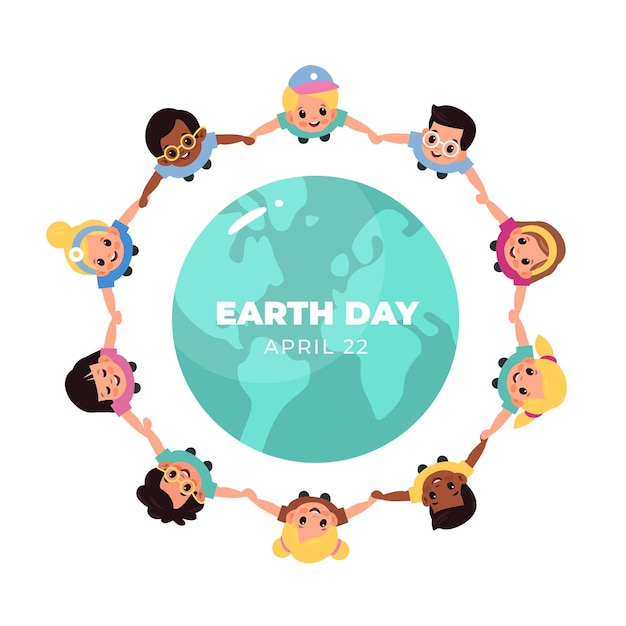 Kids earth world day children hold hands around globe multicultural boys and girls closed circle smiling friends lead round dance ecology honor save our planet vector cartoon isolated concept