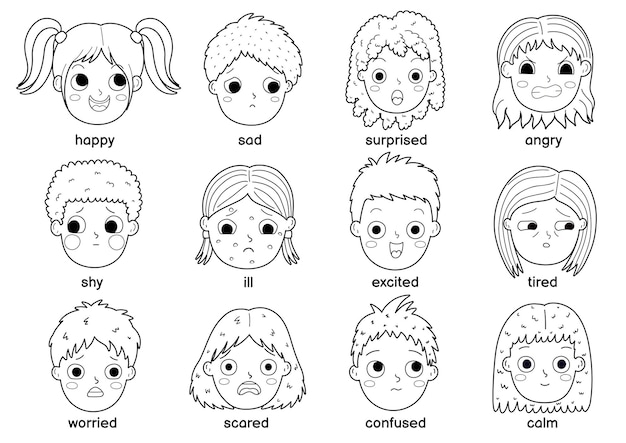 Детские эмоции черно-белый набор в мультяшном стиле коллекция выражений лица милых мальчиков и девочек