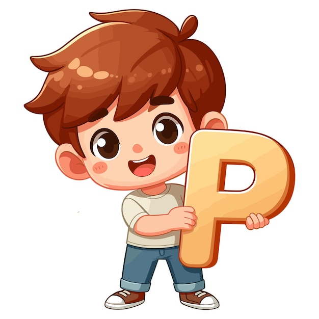 Kids english learning concept happy little boy holding alphabet letter p vector