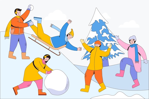 Kids enjoying seasonal winter activities in park girl making a cute snowman jumping boy riding sledding slide throw snowball Cartoon characters with outline Vector illustrations