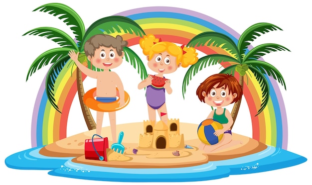 Vector kids enjoying summer holiday on the island