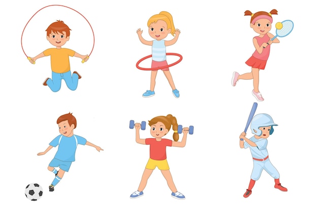 Bambini che si esercitano e giocano a diversi sport illustrazione piatta vettoriale