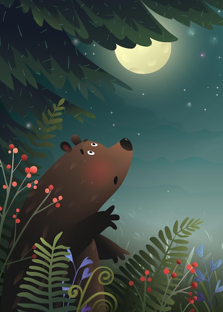 Vector kids fairytale forest at night with bear and moon