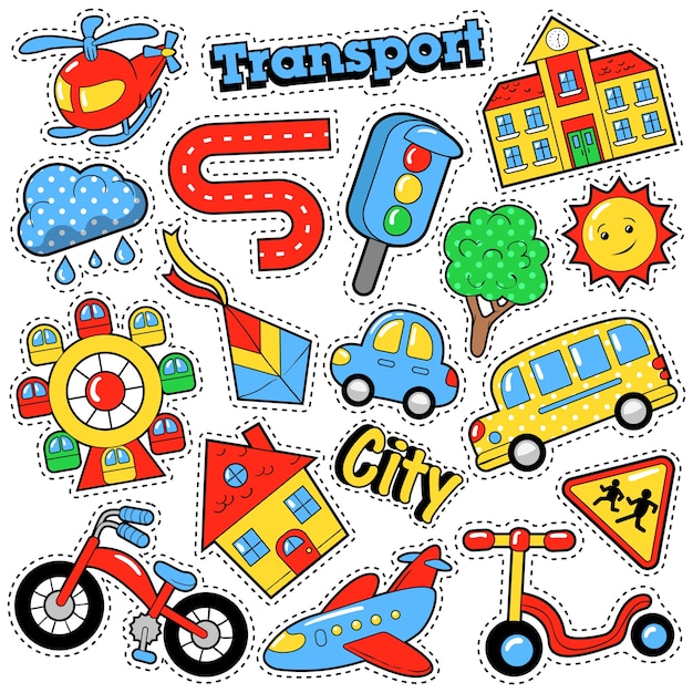 Детские модные значки, нашивки, наклейки в теме городского транспорта в стиле комиксов с велосипедами, автомобилями и автобусами. ретро фон