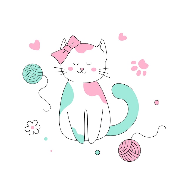 티셔츠 포스터에 인쇄하기 위한 귀여운 새끼 고양이 벡터 삽화가 있는 키즈 패션 프린트