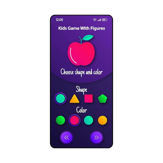 Vettore figure per bambini gioco smartphone modello vettoriale interfaccia pagina app mobile layout design viola apprendimento colori e forme schermo interfaccia utente piatta per l'applicazione conoscenza elementare display del telefono